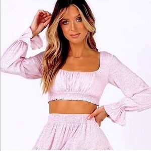 Princess Polly Susanna Smocked Floral Long Balloon Sleeve Crop Top Blush Pink‎ 6